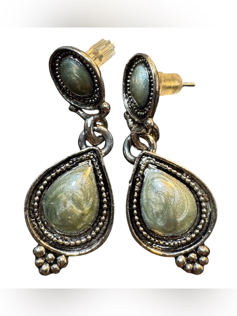Vintage Green Enamel Teardrop Silver Tone Two Tier Dangle Pierced Earrings